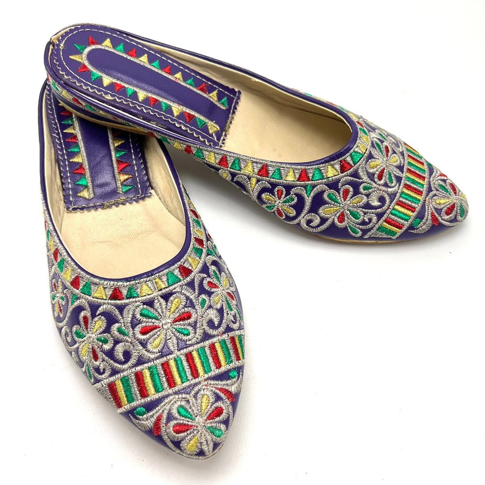 Marrakech Purple Metallic Embroidered Leather Babouche Slipper 7-7.5 Moroccan